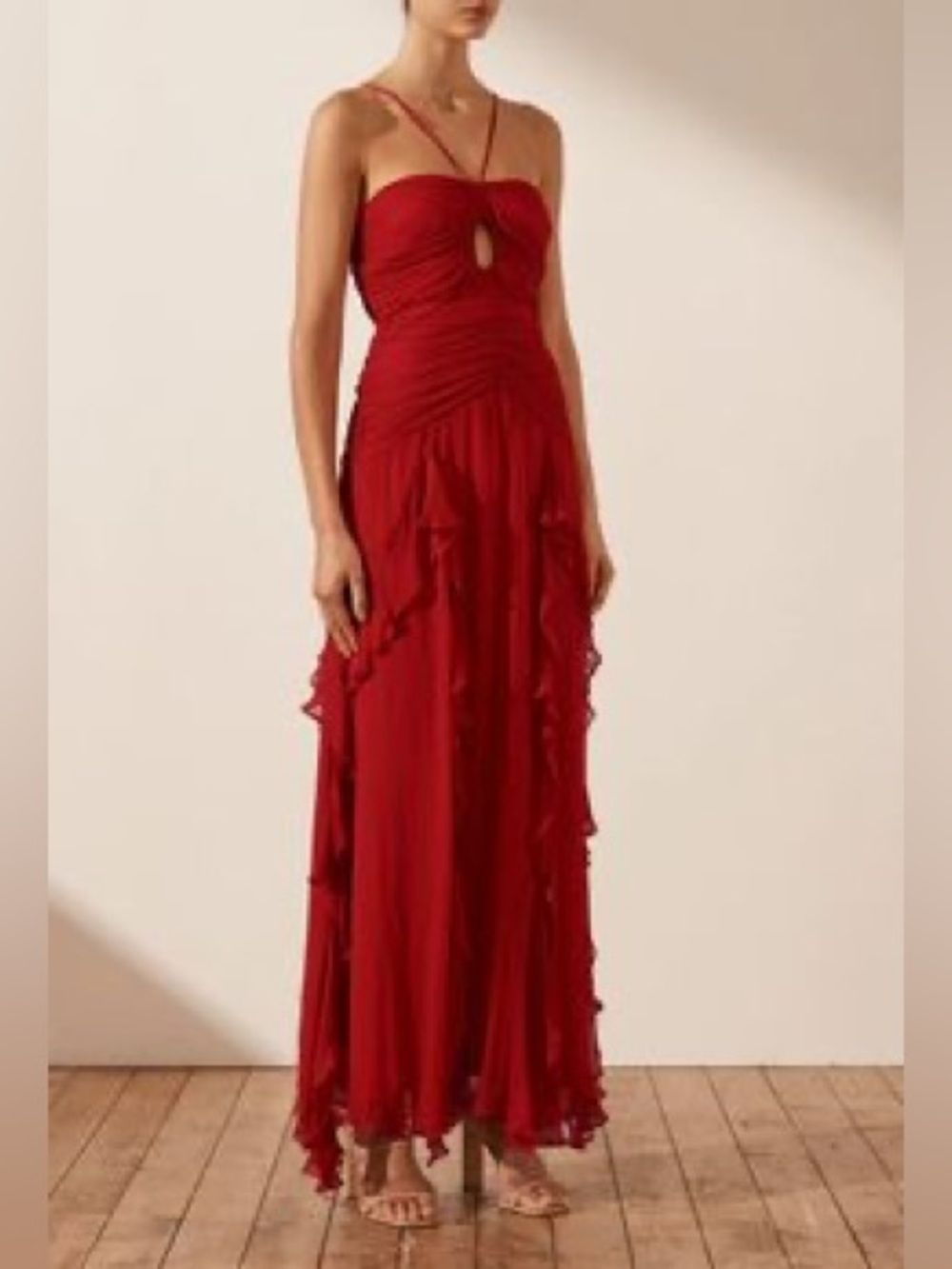 Shona Joy Ruched Keyhole Halter Ruffle Maxi Dress in Red Color size us 2